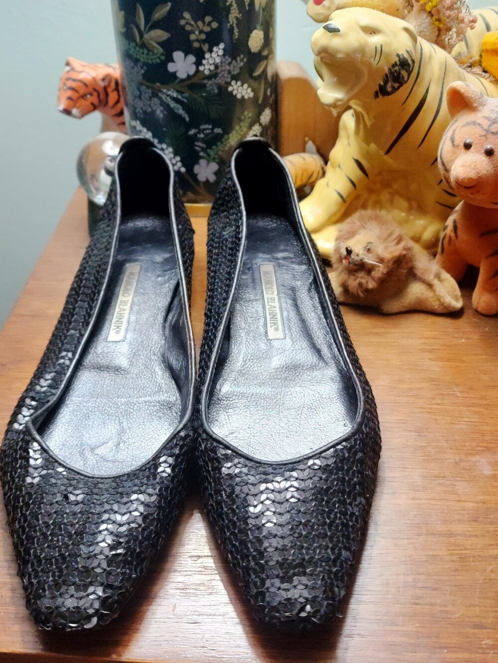 Manolo Blahnik Black Sequin Pointed Ballet Flats